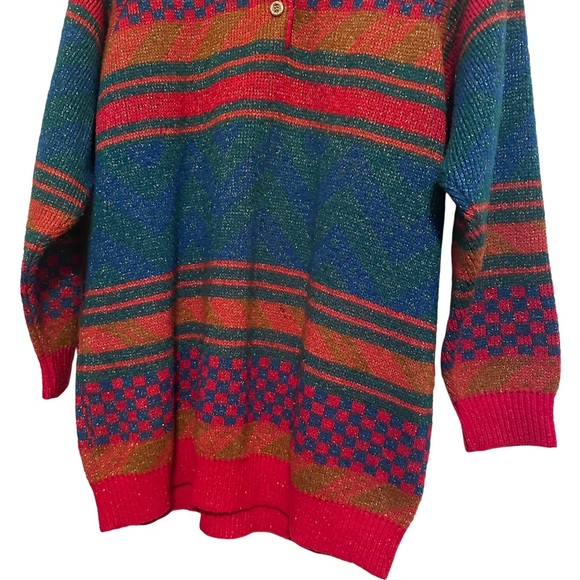 Vintage 1980's Italian Mohair Wool Bright Colored Geometric Long Sleeve Sweater - Picture 9 of 15